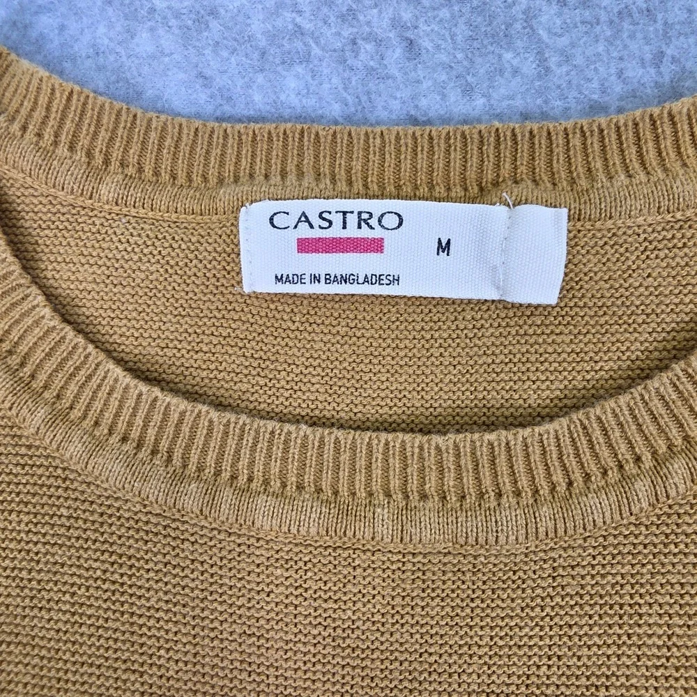 Castro Men's Size M 100% Cotton Textured Knit Crewneck Sweater Mustard Yellow